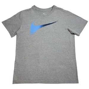 Nike Boy's Gray Cotton Short Sleeve Graphic T-Shirt • Oversize Blue Swoosh • LG
